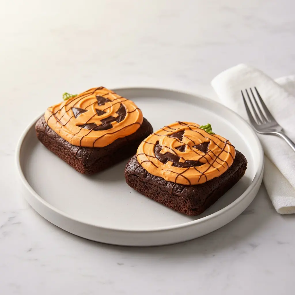 Two fudgy Jack O’ Lantern Brownies on a plate with fork.