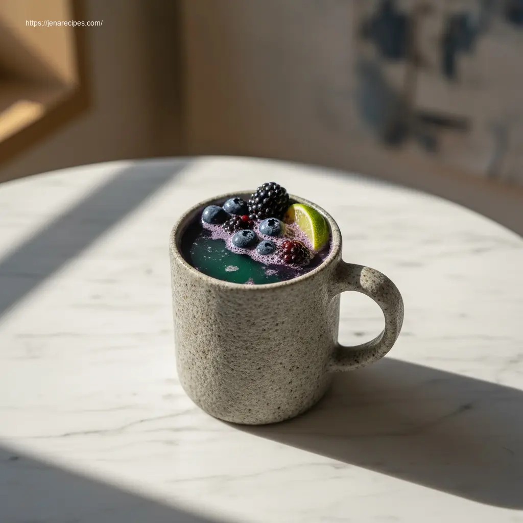 Witches Brew Lemonade on a white marble table with dark berries