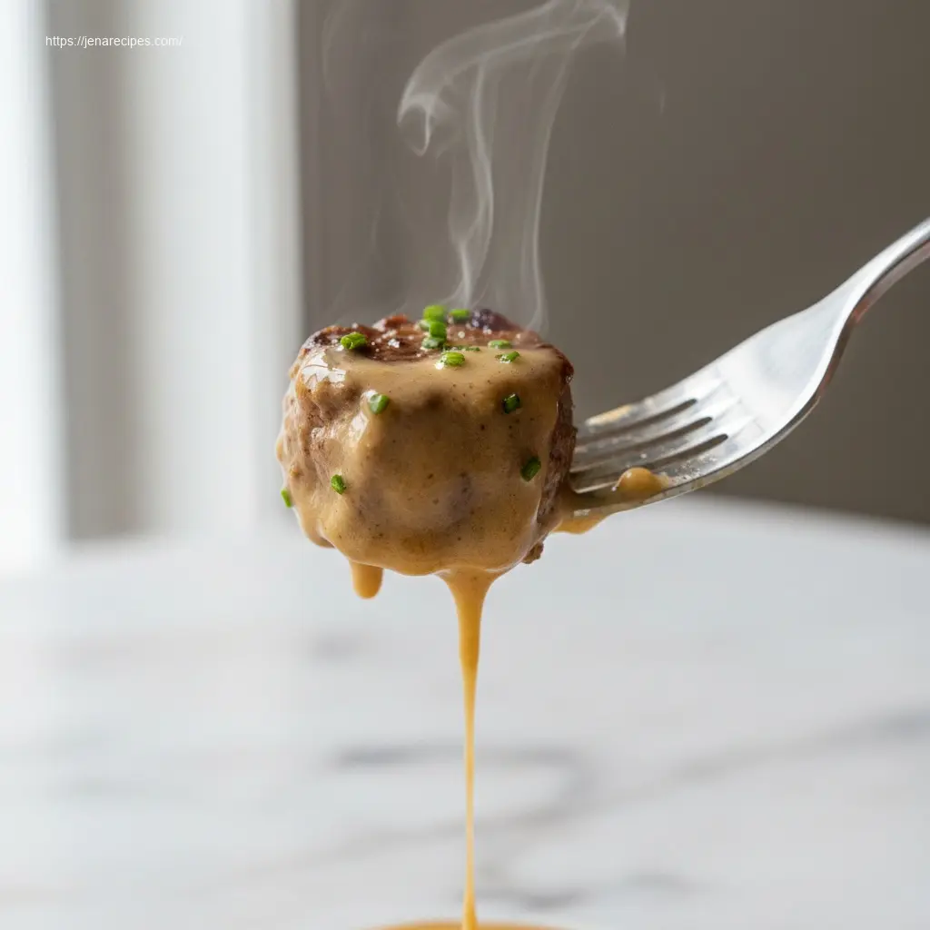Close-up of a fork lifting Garlic Butter Steak Bite with sauce.