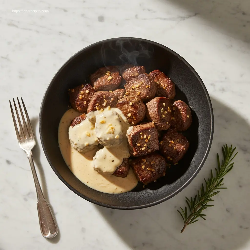 45-degree view of elegant Garlic Butter Steak Bites and mash.