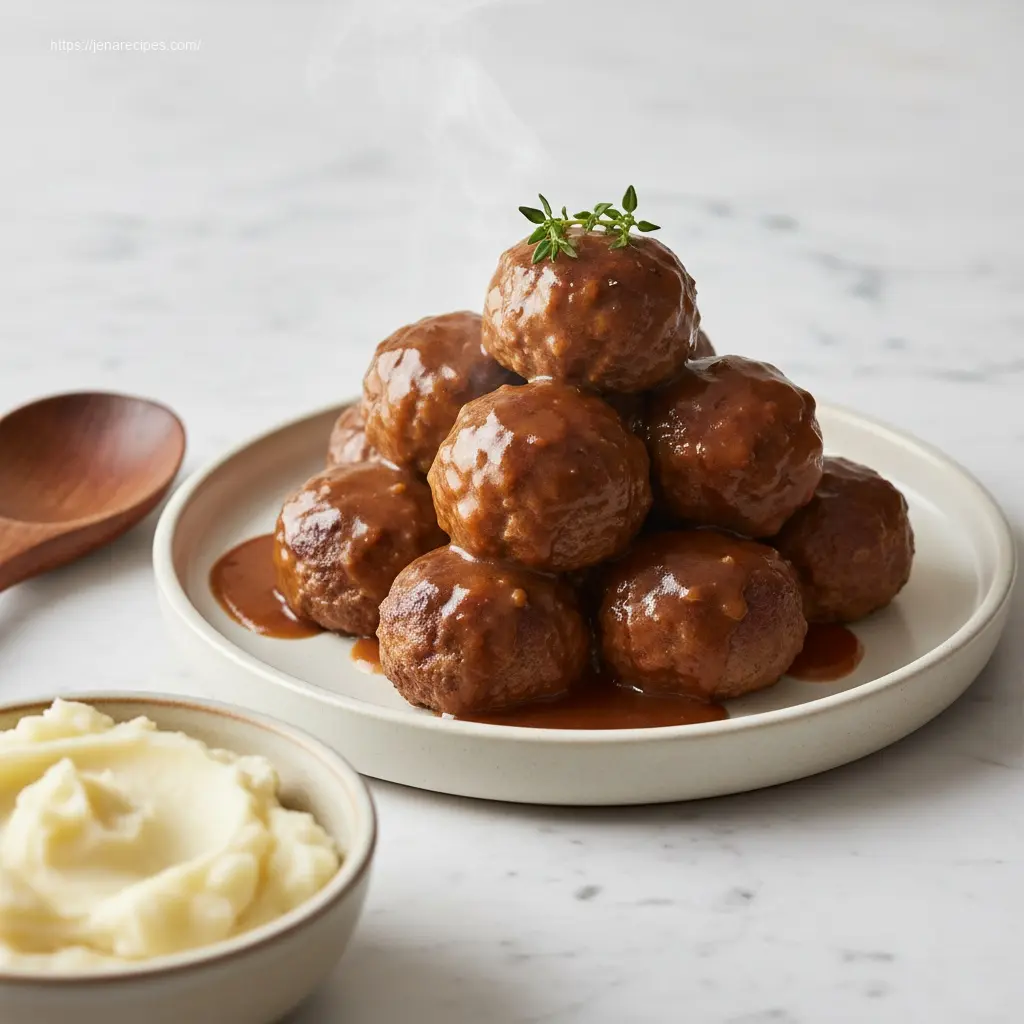 Close-up of Slow Cooker Salisbury Steak Meatballs with mashed potatoes.
