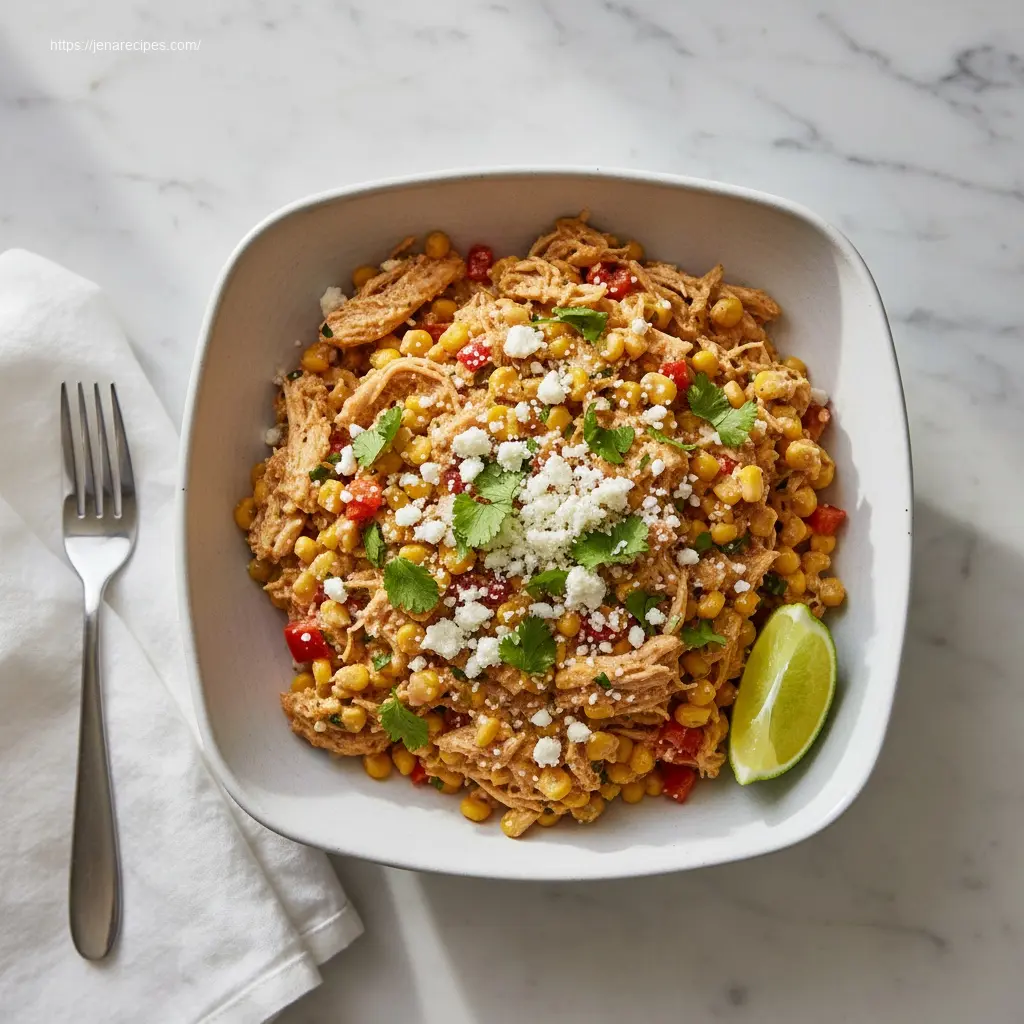 Delicious Slow Cooker Street Corn Chicken bowl on a marble table.