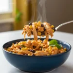 Close-up of Slow Cooker Street Corn Chicken being lifted by a fork.