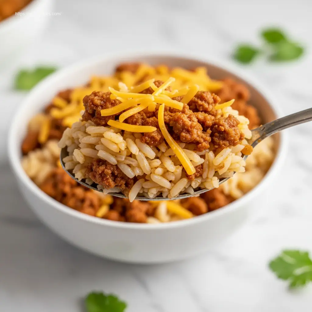 Spoon lifting a delightful scoop of Easy Taco Rice Bowl.