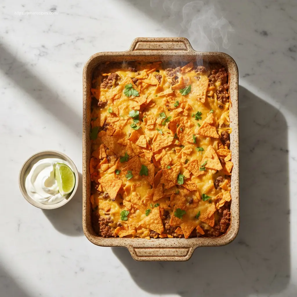 Delicious Walking Taco Casserole with crushed Doritos