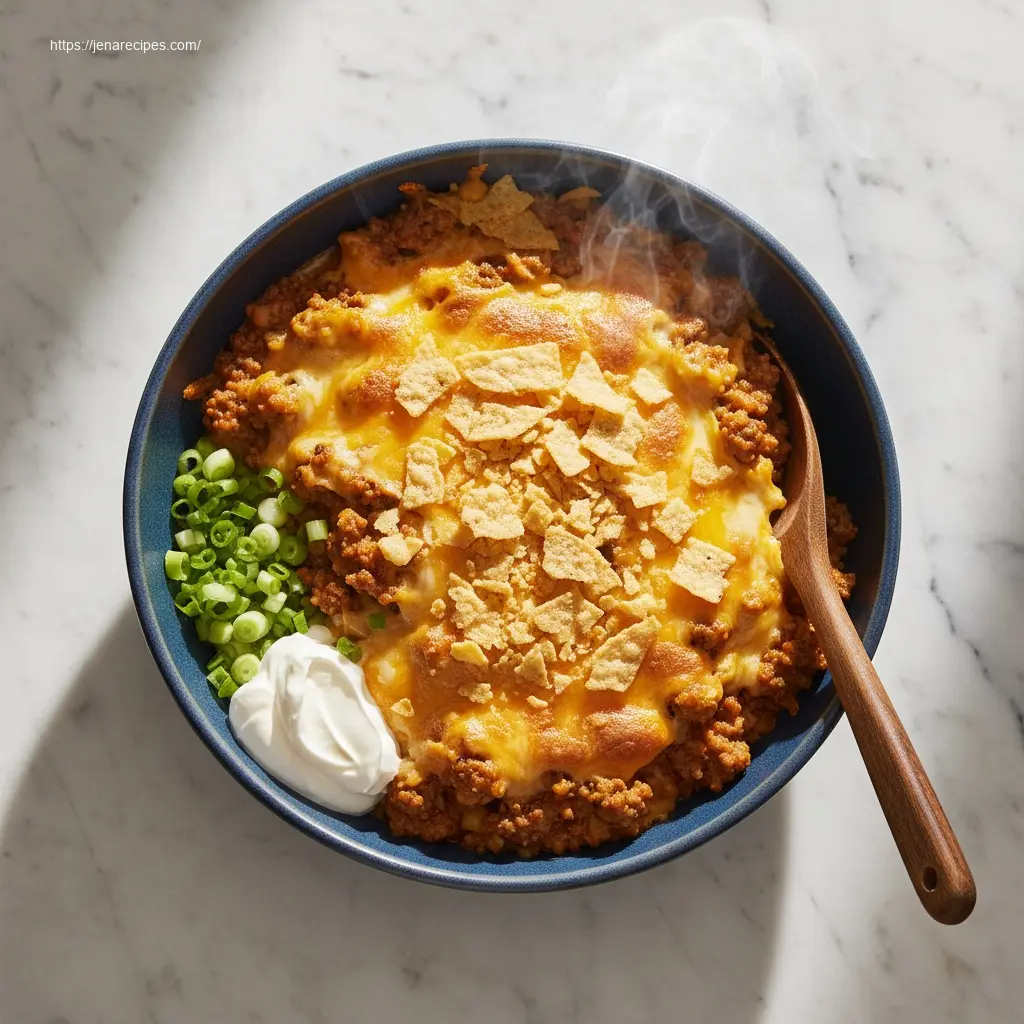 Serving of Walking Taco Casserole with sour cream, 45-degree view.