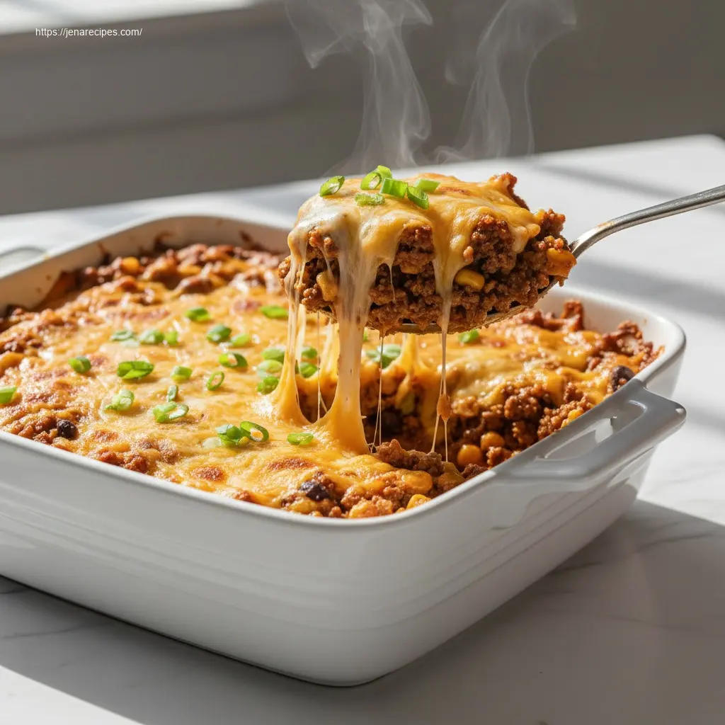 Spoon lifting gooey Walking Taco Casserole with cheese