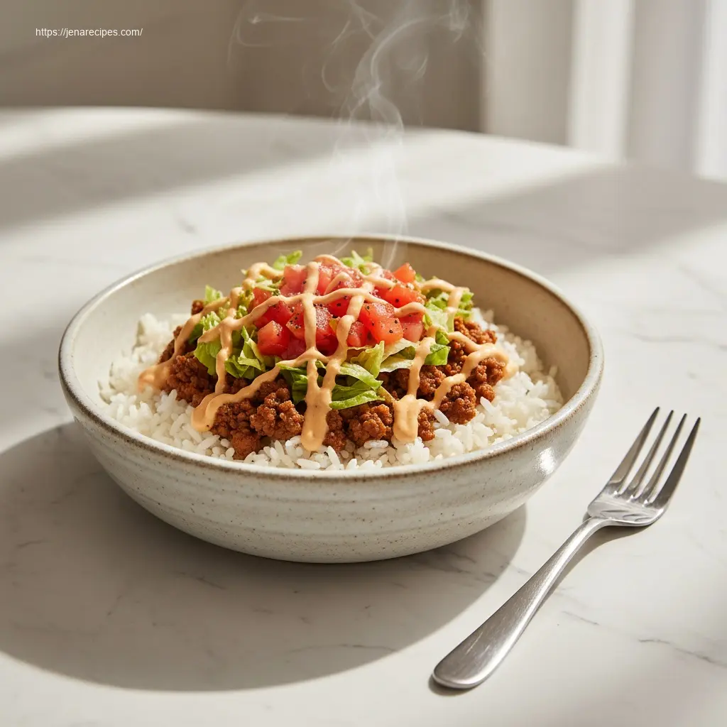 Hearty Easy Taco Rice Bowl with a creamy sauce.