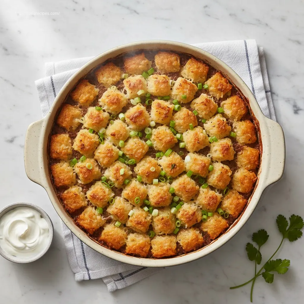 Delicious Tater Tot Casserole with Ground Beef, perfect for dinner.