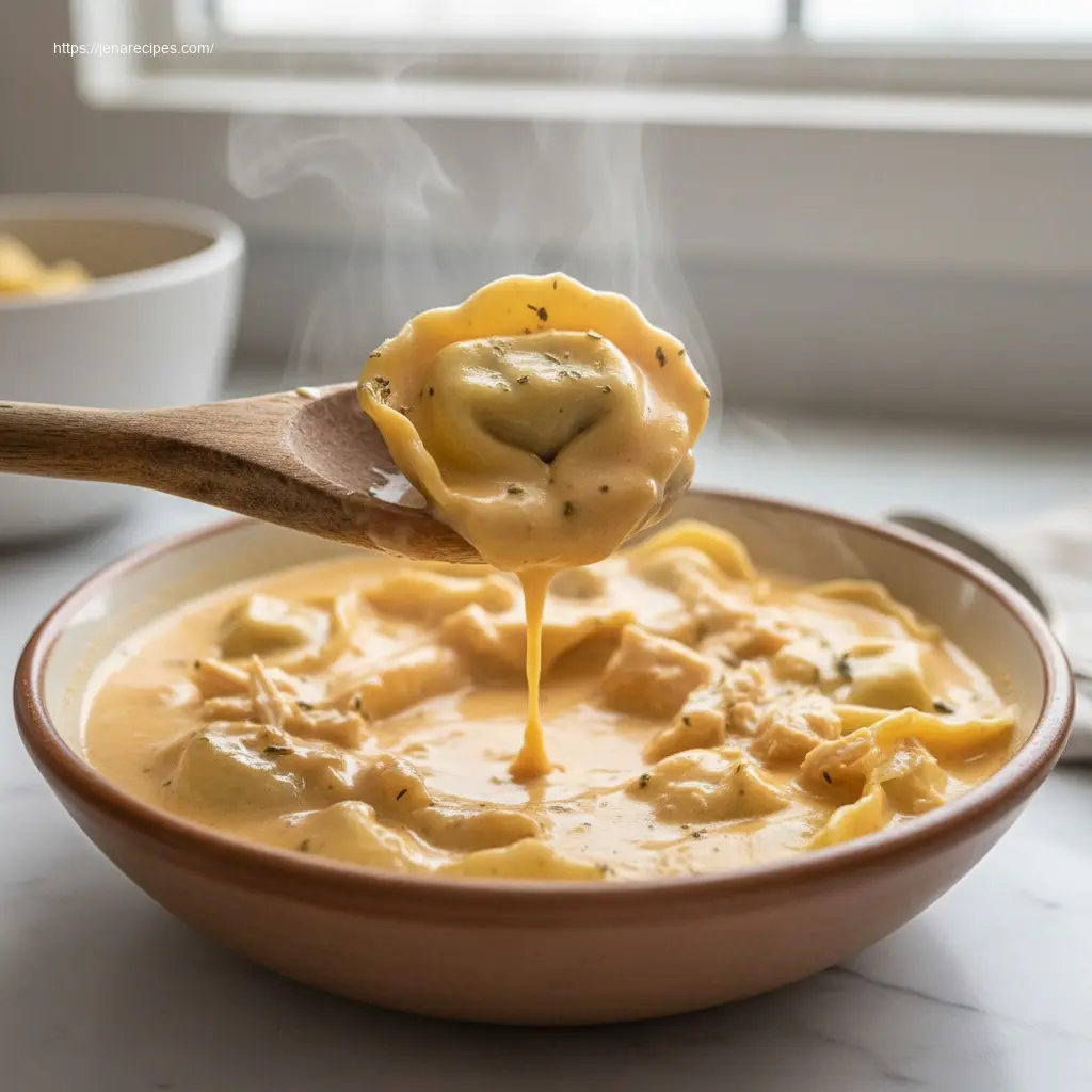 Close-up of Crockpot Chicken Tortellini lifted by a spoon.