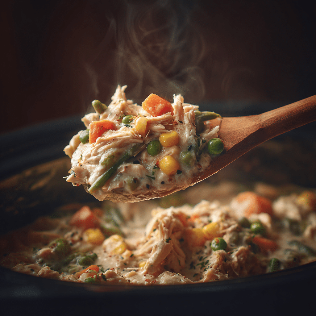 serving_of_creamy_chicken Delicious Slow Cooker Chicken Pot Pie, golden-crusted and steaming.