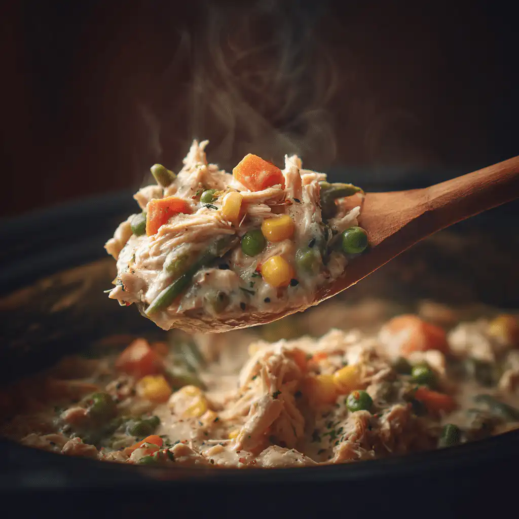 Delicious Slow Cooker Chicken Pot Pie, golden-crusted and steaming.
