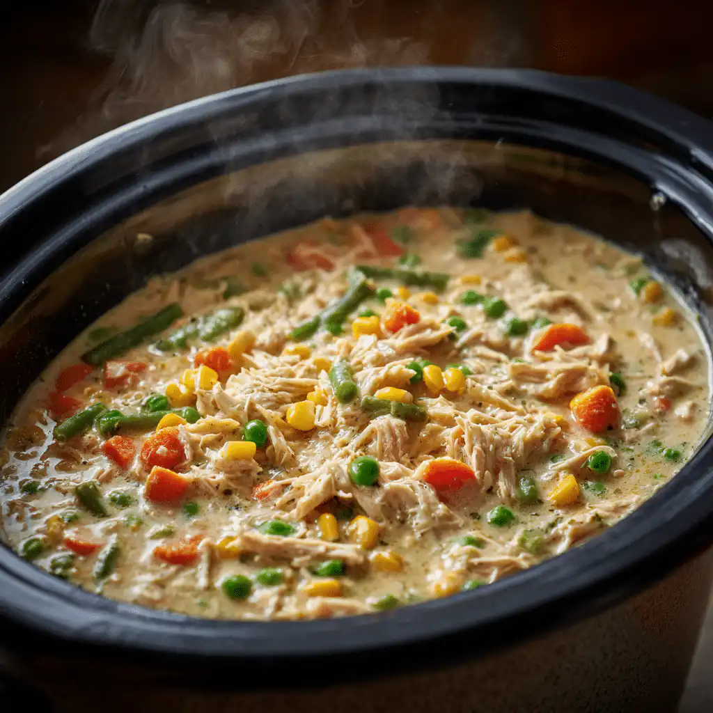 Spoon breaking into steaming Slow Cooker Chicken Pot Pie.