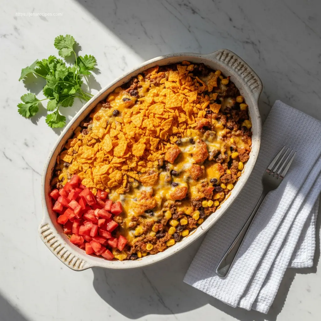 Delicious Walking Taco Casserole in a white dish, overhead shot.