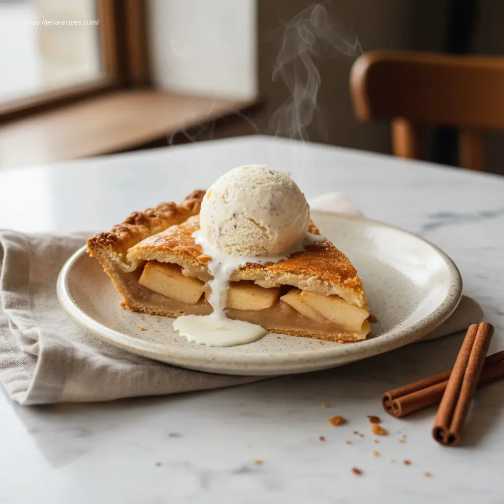 Warm apple pie slice with melting vanilla ice cream.