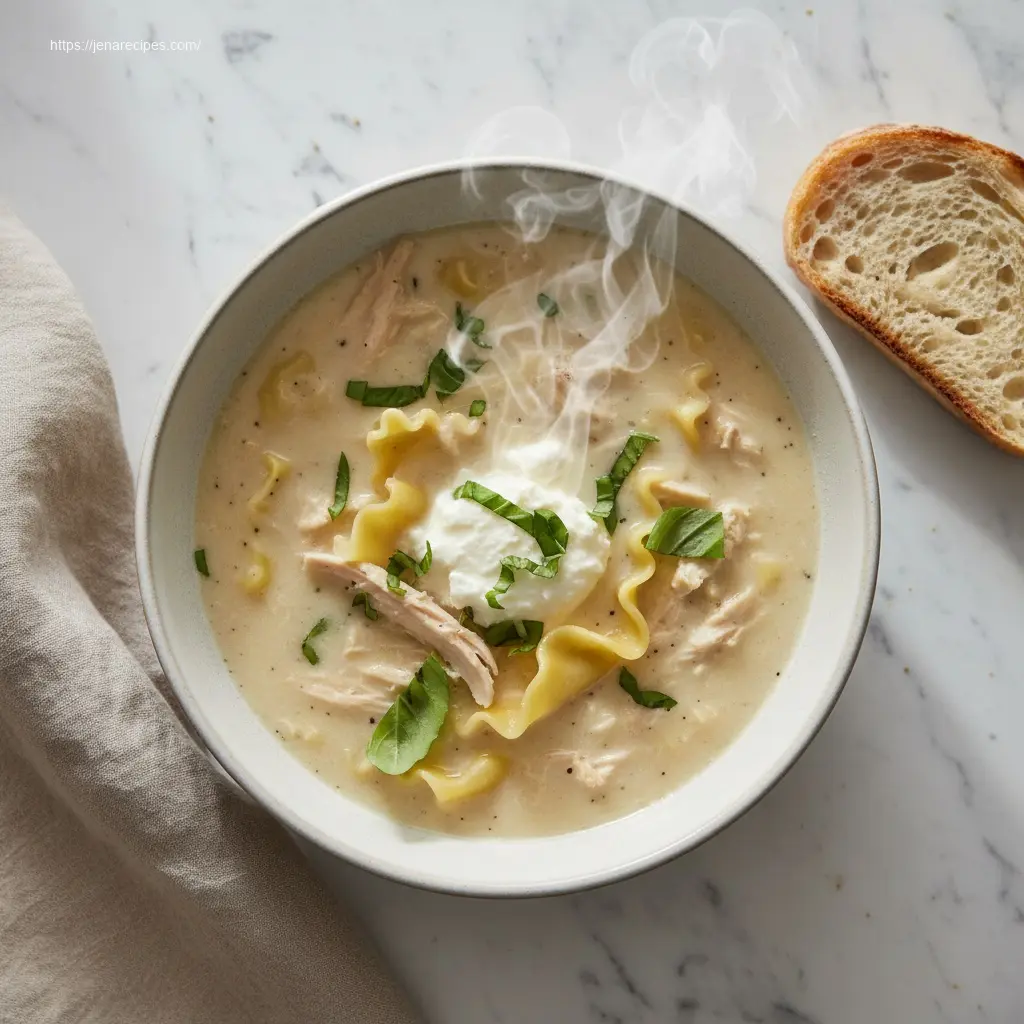 Delicious White Chicken Lasagna Soup, overhead view