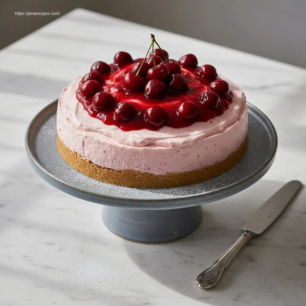 Whole No-Bake Cherry Cheesecake Display Whole no-bake cherry cheesecake on a white marble table.