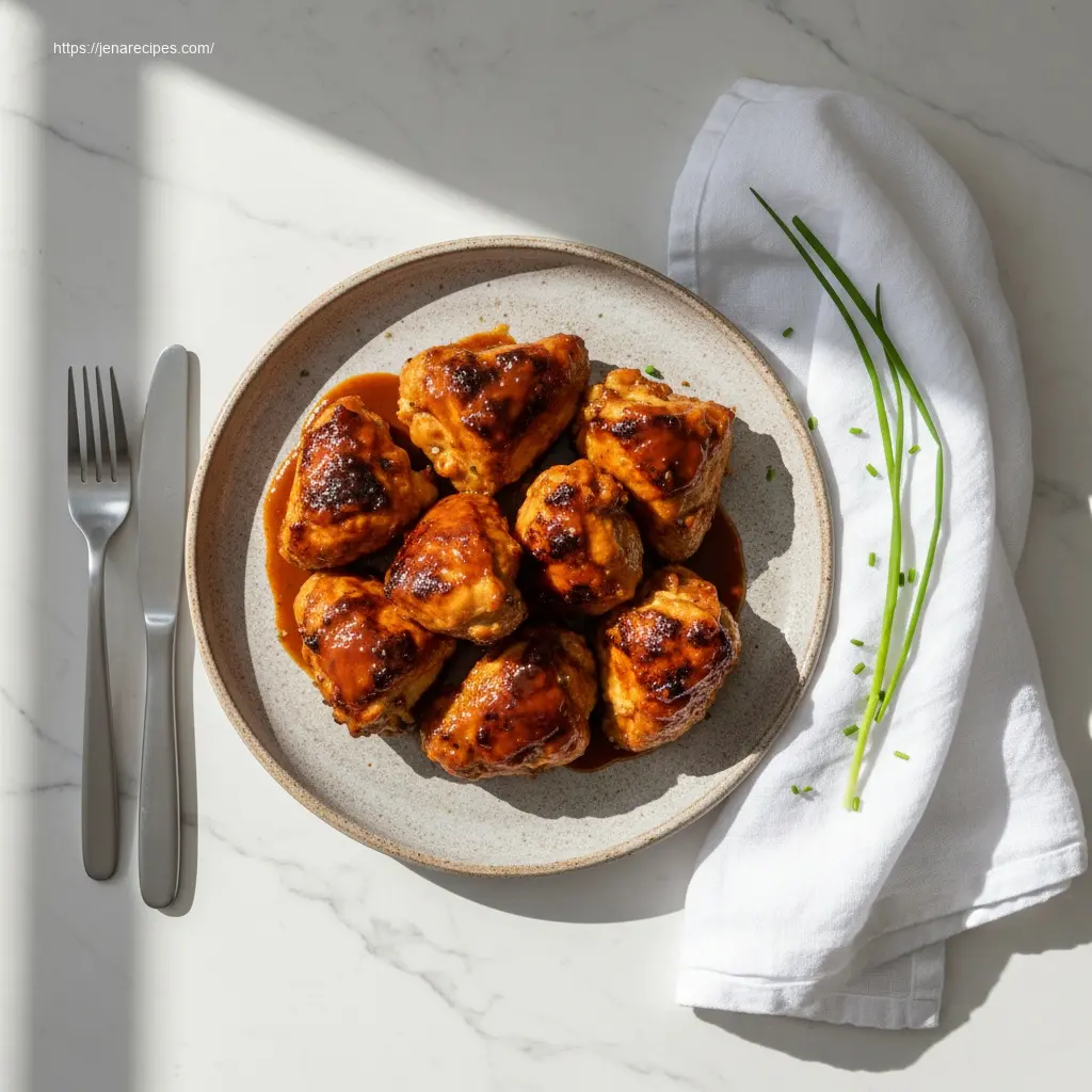 Delicious 3-Ingredient BBQ Chicken, ready to eat on a white marble table.