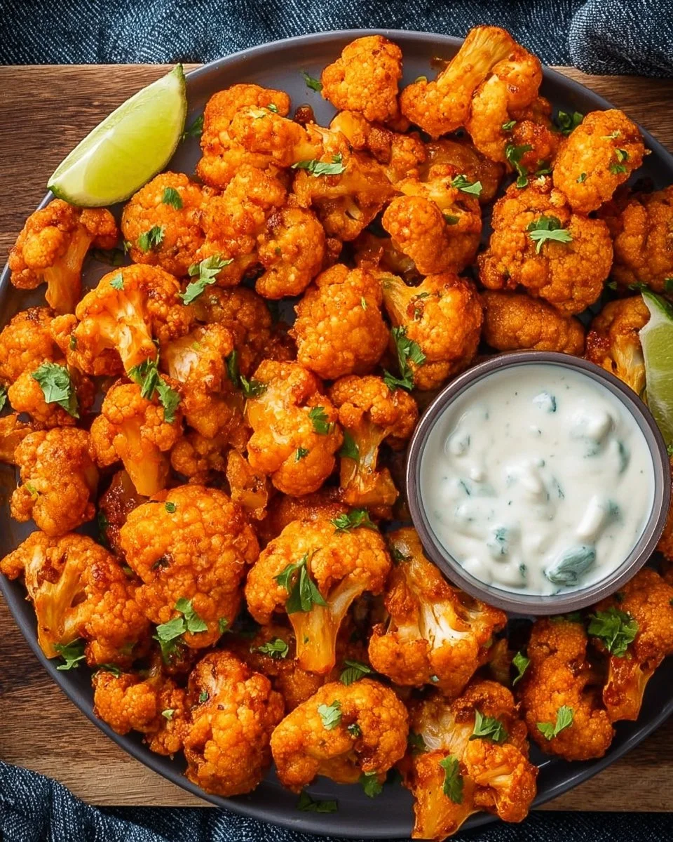 Air Fryer Buffalo Cauliflower dish garnished with green onions on a plate.