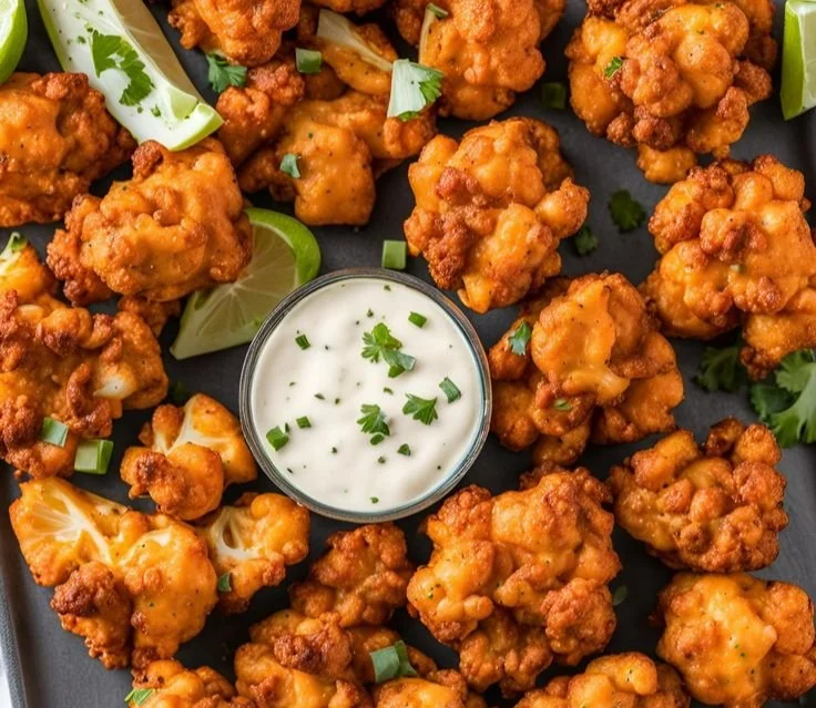 Crispy air fried buffalo cauliflower served on a plate with dipping sauce.