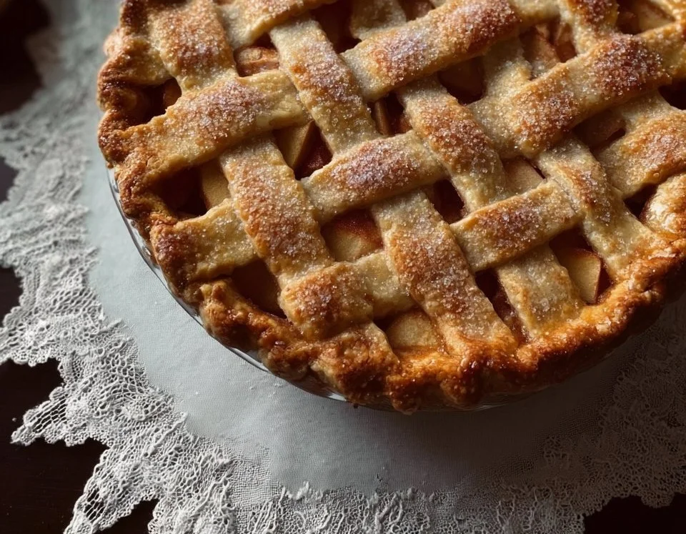 Delicious homemade apple pie with a golden crust and freshly sliced apples.