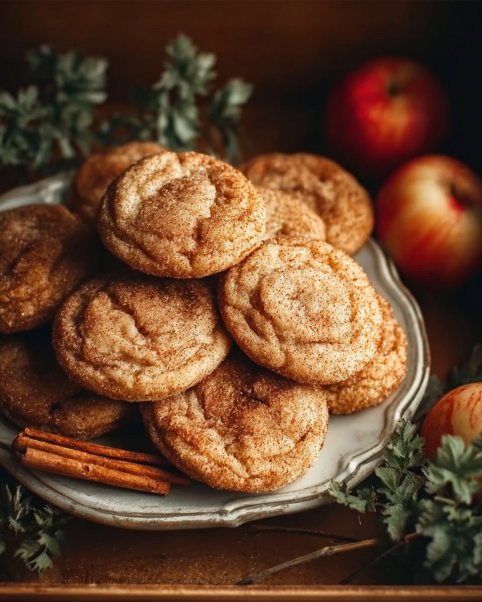 Freshly baked Apple Snickerdoodles with caramelized apples on a cozy fall scene