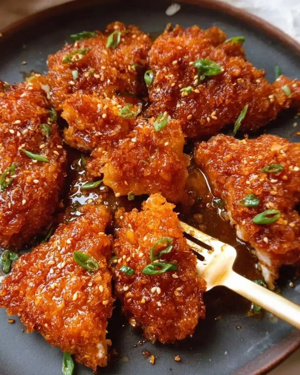 Baked crunchy hot honey chicken served on a plate with garnishes
