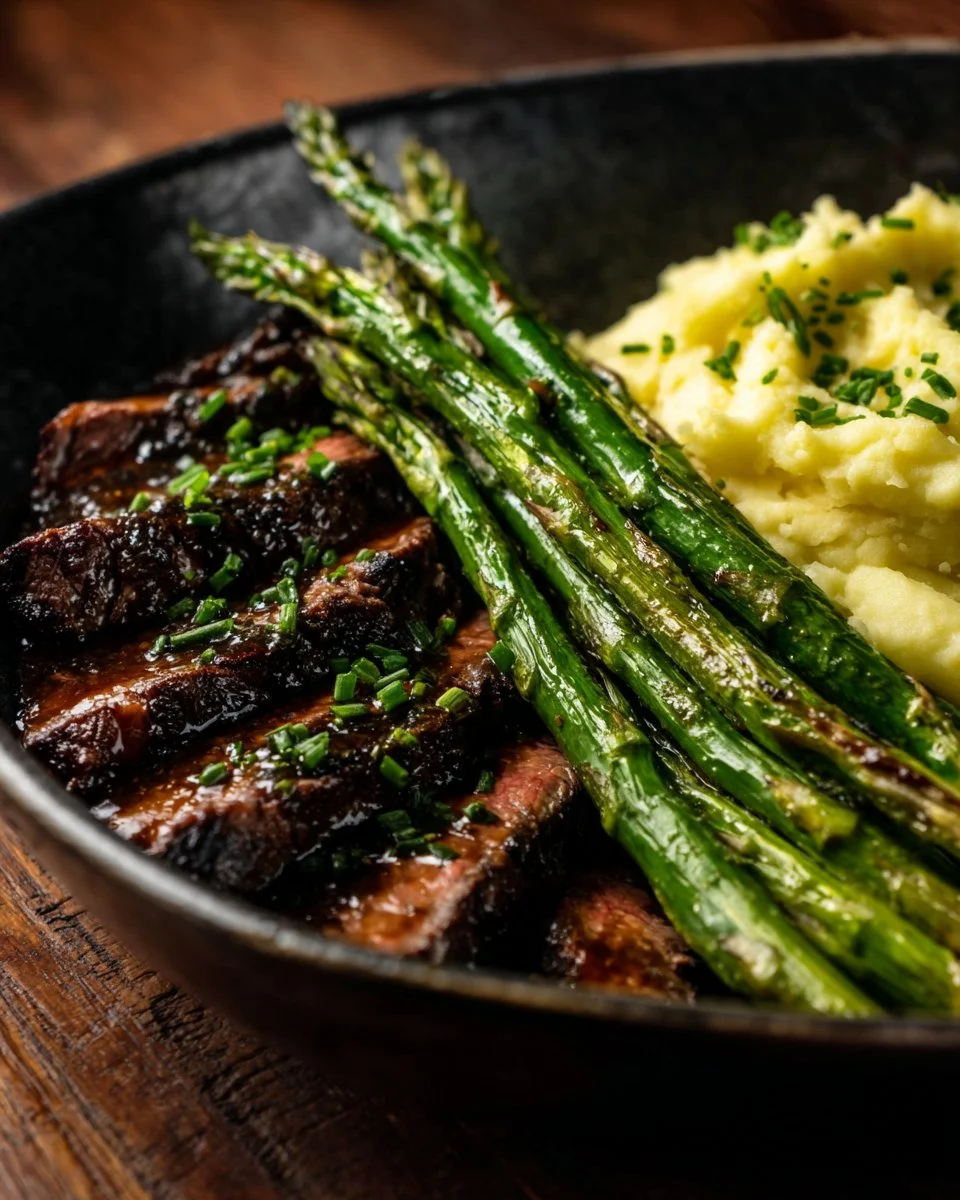 Bavette steak with roasted garlic sauce, mashed potatoes, and asparagus on a plate.