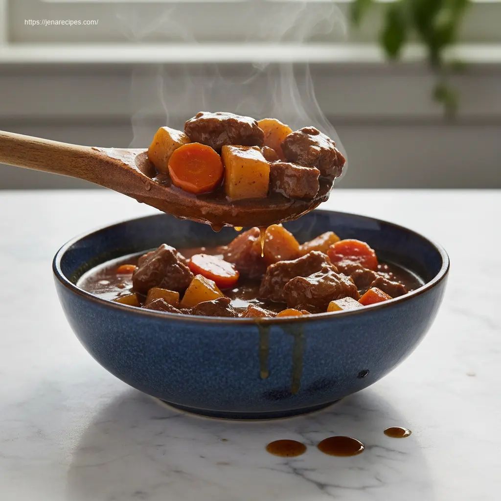 Spoon lifting hearty Slow Cooker Beef Stew.