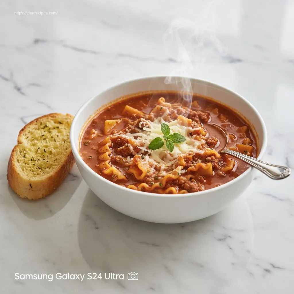 Hearty Crockpot Lasagna Soup with garlic bread and cheese.