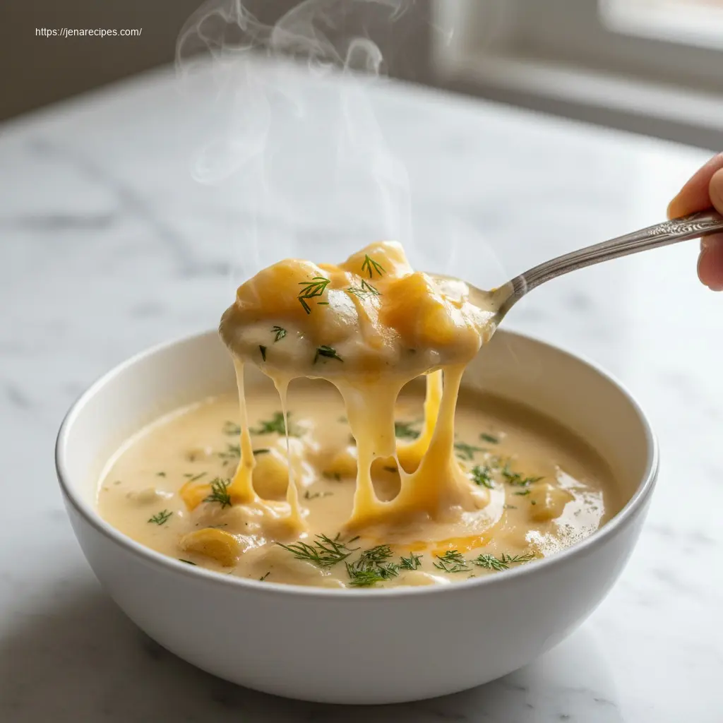 Close-up spoonful of creamy cheddar garlic potato soup