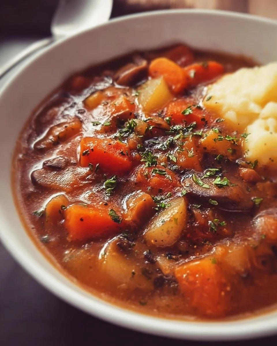 Hearty vegetarian stew with vegetables and herbs in a bowl