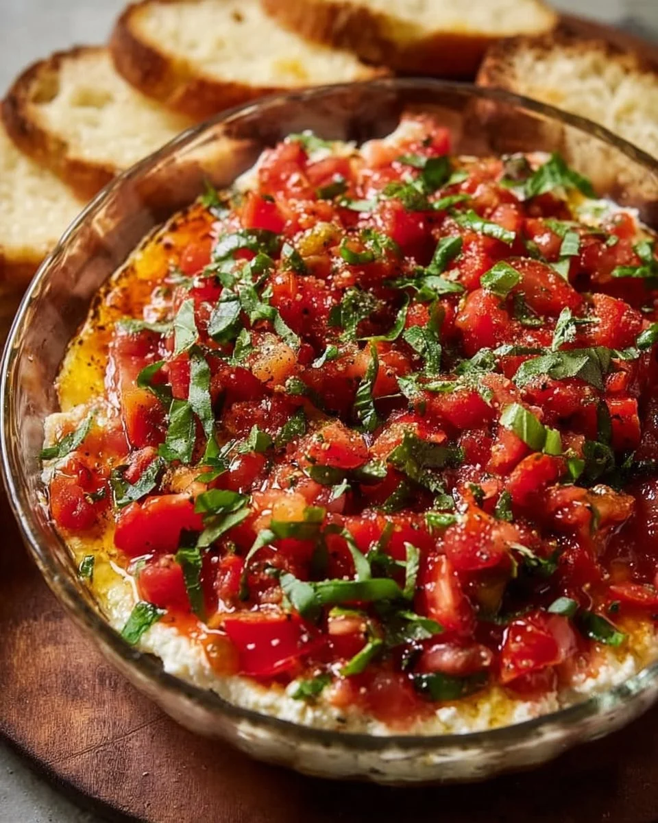 Delicious bruschetta dip served in a bowl with fresh ingredients on the side