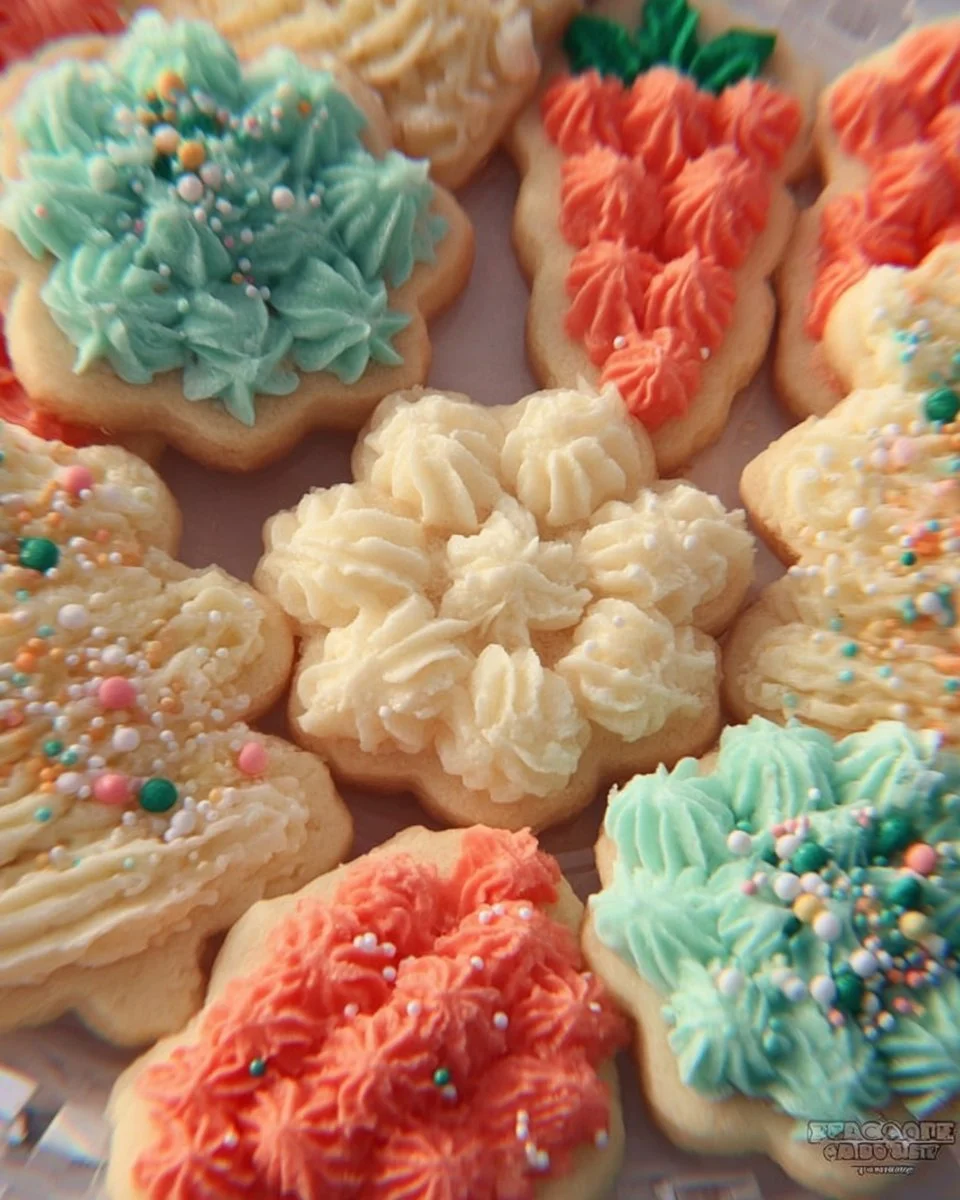 Delicious buttercream sugar cookies decorated with colorful frosting