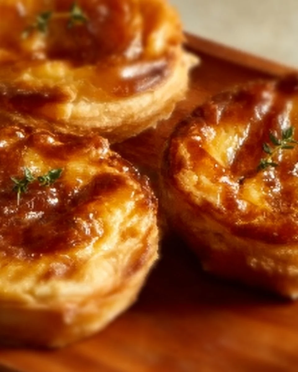 Caramelized onion and cheese tarts on a rustic serving platter