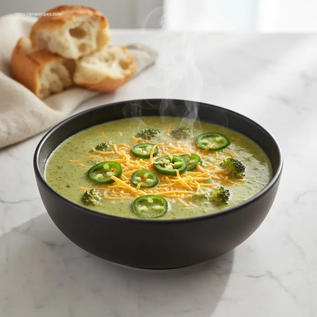 Jalapeño Cheddar Broccoli Soup with bread, 45-degree view