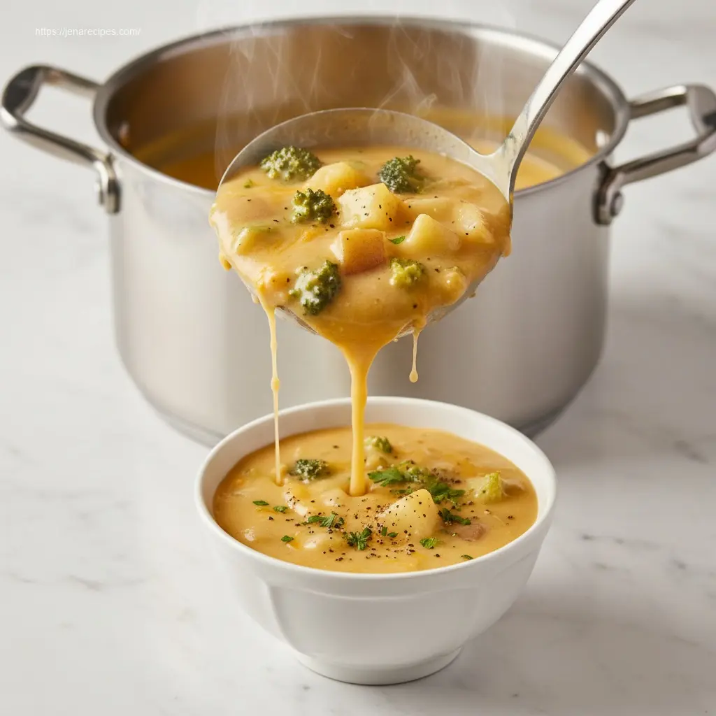 Ladle serving creamy Cheddar Broccoli Potato Soup