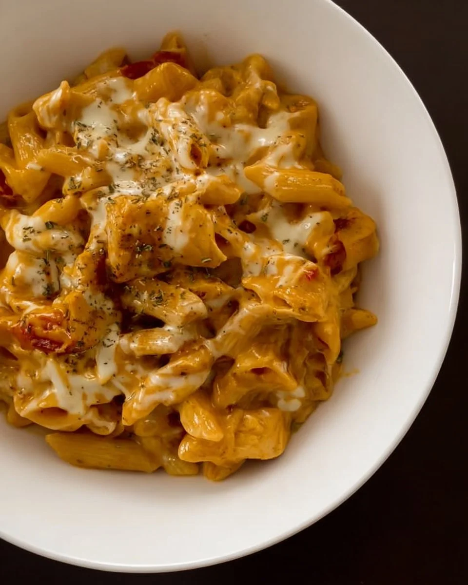 A delicious plate of cheesy chicken pasta with creamy sauce and herbs.