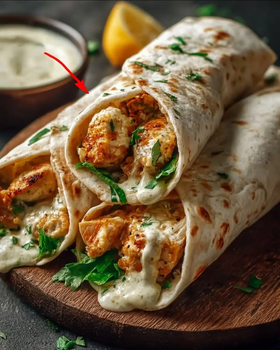 Cheesy garlic chicken wraps on a plate garnished with fresh herbs