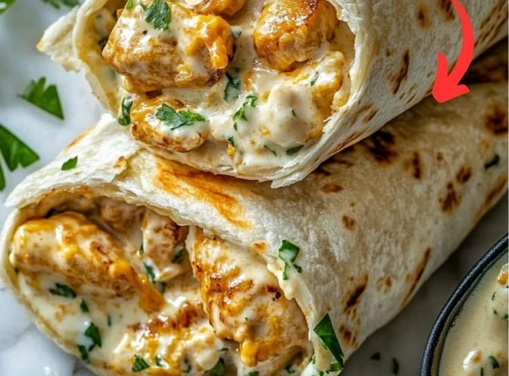 Cheesy garlic chicken wraps garnished and ready to serve