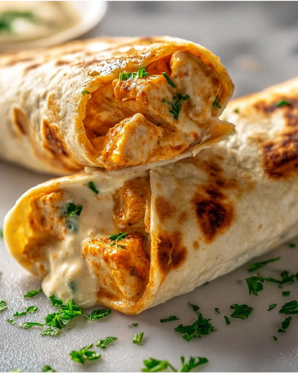 Delicious cheesy garlic chicken wraps served on a plate, ready to enjoy.