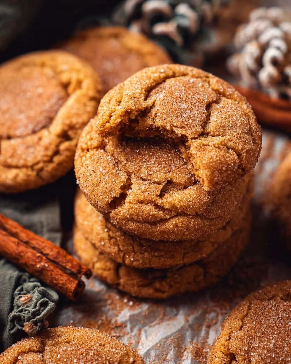 Chewy pumpkin snickerdoodle cookies on a plate with cinnamon dusting.