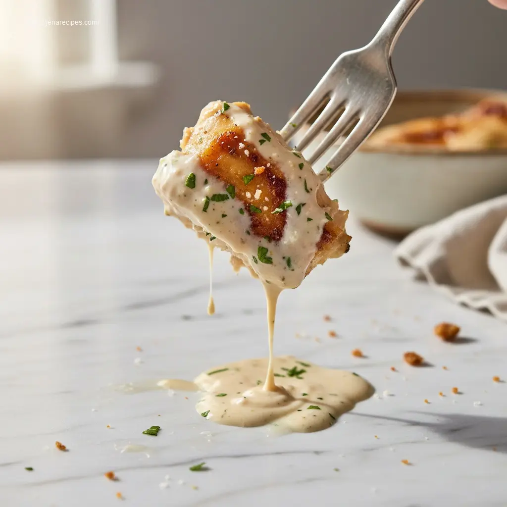 Close-up of Garlic Parmesan Slow Cooker Chicken on a fork.