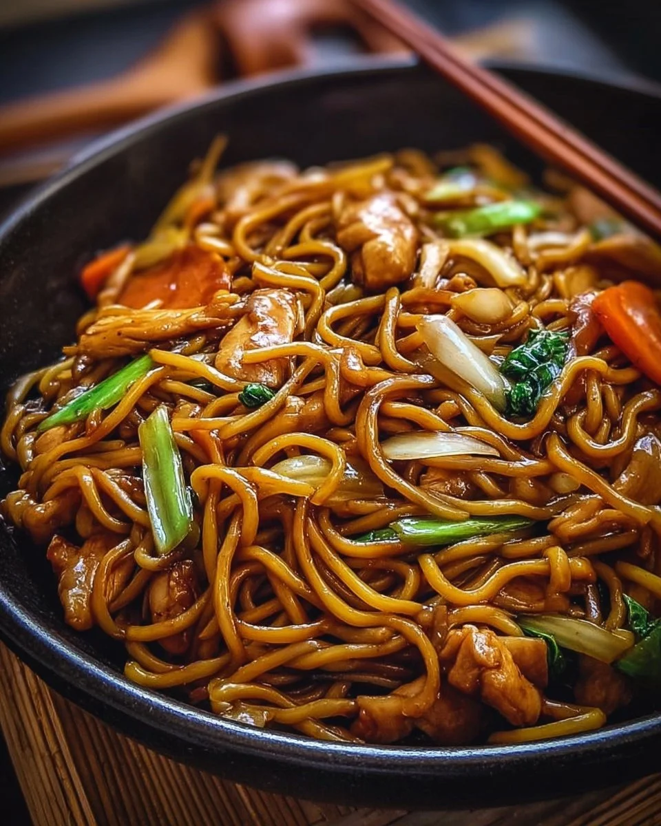 Delicious Chicken Lo Mein served with vegetables and egg noodles.