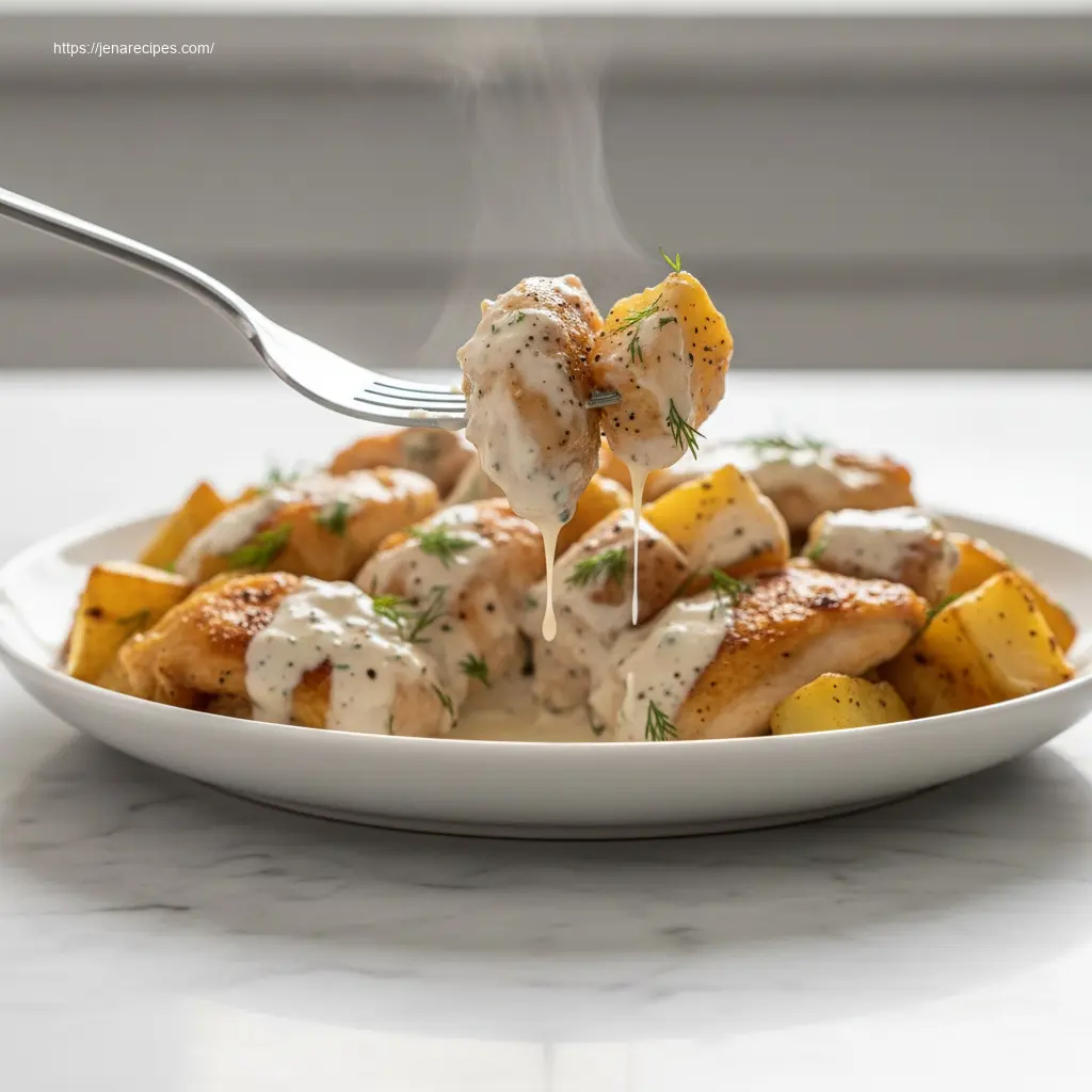 Fork lifting a piece of Creamy Ranch Chicken & Potatoes with sauce.