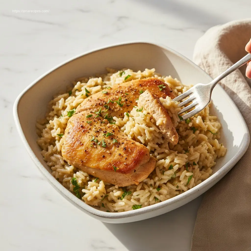 45-degree view of Slow Cooker Lemon Herb Chicken and Rice, ready to eat
