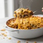 Spoon lifting a serving of Crockpot Taco Casserole.