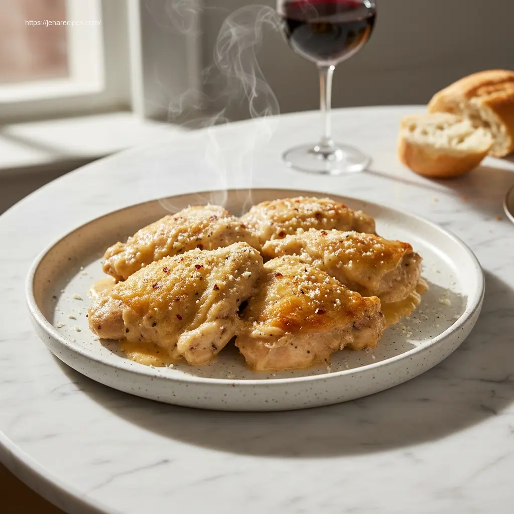 Savory Garlic Parmesan Slow Cooker Chicken thighs with sauce.