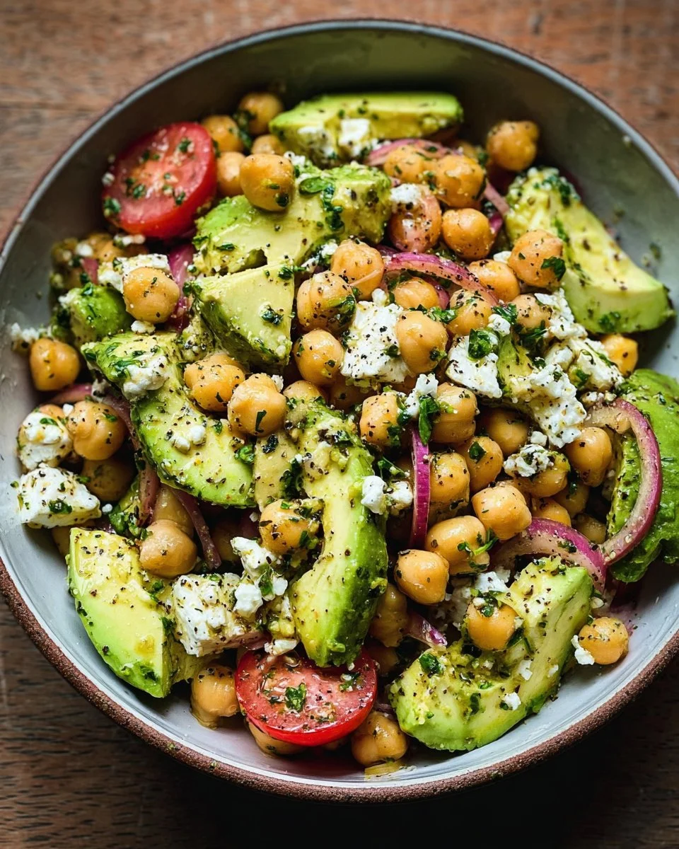 Chickpea Feta Avocado Salad with fresh vegetables and herbs