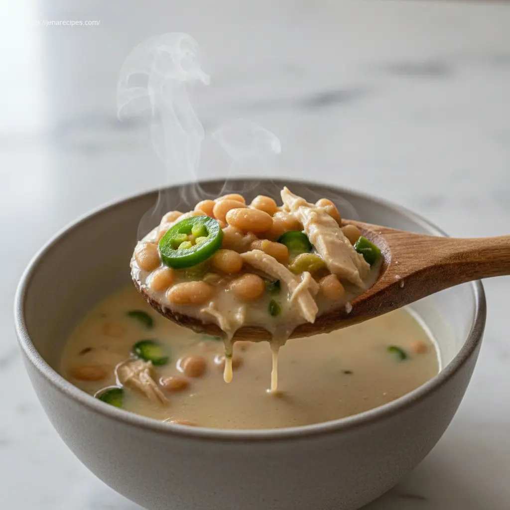 Spoon lifting creamy Jalapeño White Bean Chili Soup with chicken.